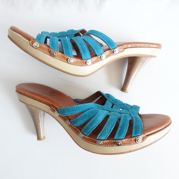 Clarks Y2K Clio Teal Blue Suede Slip-on Tan Leather Wooden High Heels - Picture 11 of 13